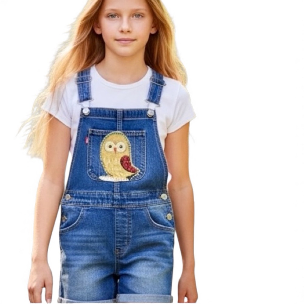Levi's Light Blue Denim Shortall Girls 16 Hand crafted Appliqué Owl on Bib